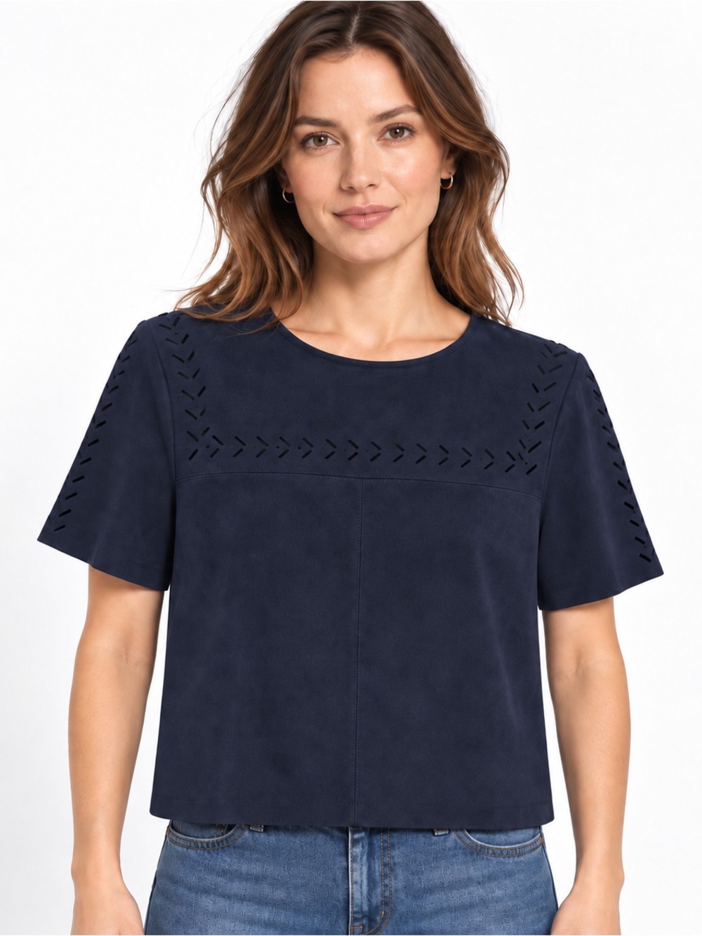 Promod Signature Navy Faux Suede Laser Cut Short Sleeve Boxy Cropped Top Shirt